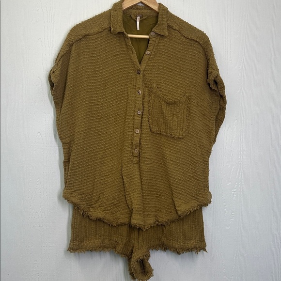 Free People - All Aboard Waffle Button Down Short Sleeve Short Romper Size Med - Picture 10 of 14